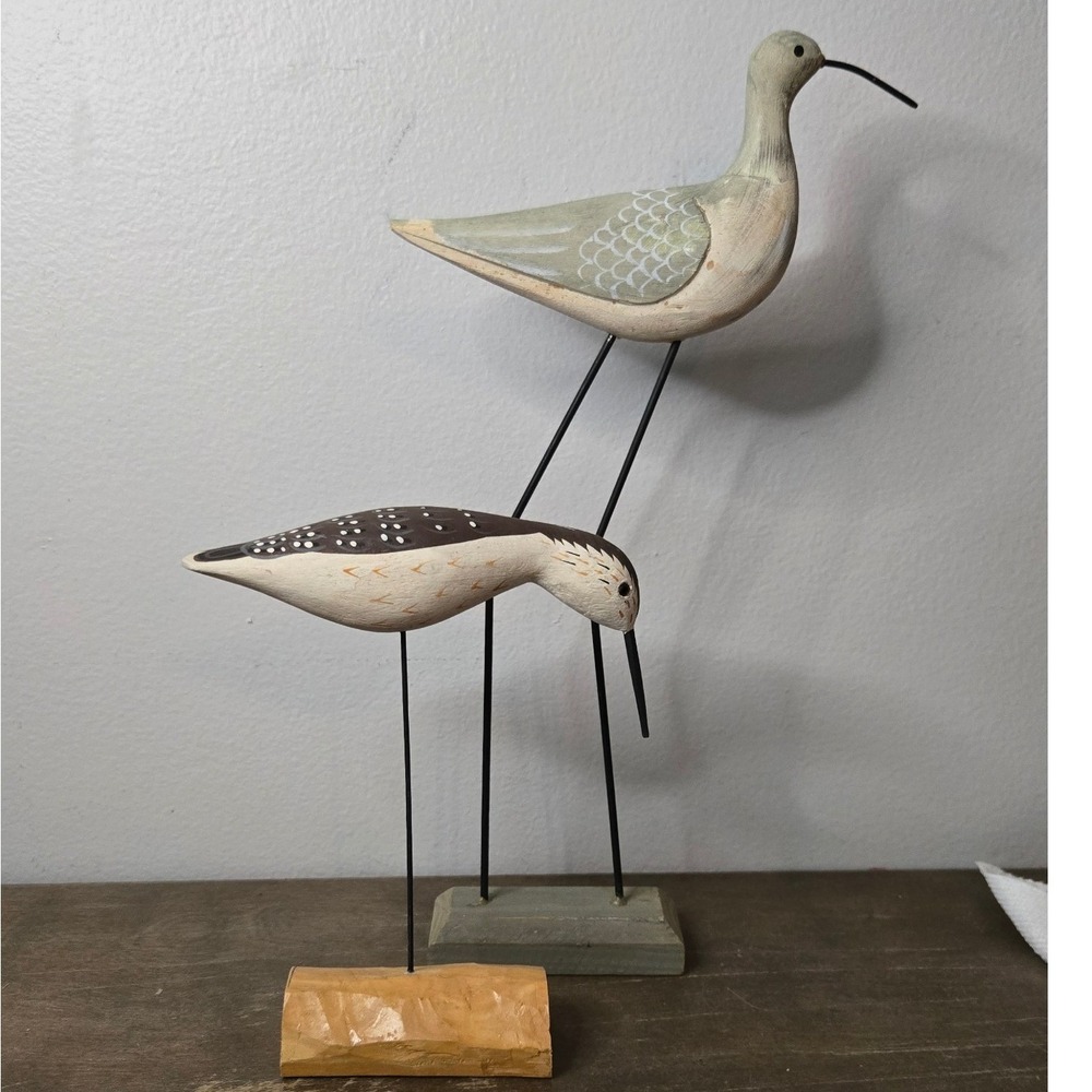 Hand Carved Wooden Shorebird Pair Metal Legs Coastal Beach House Sandpiper Decor